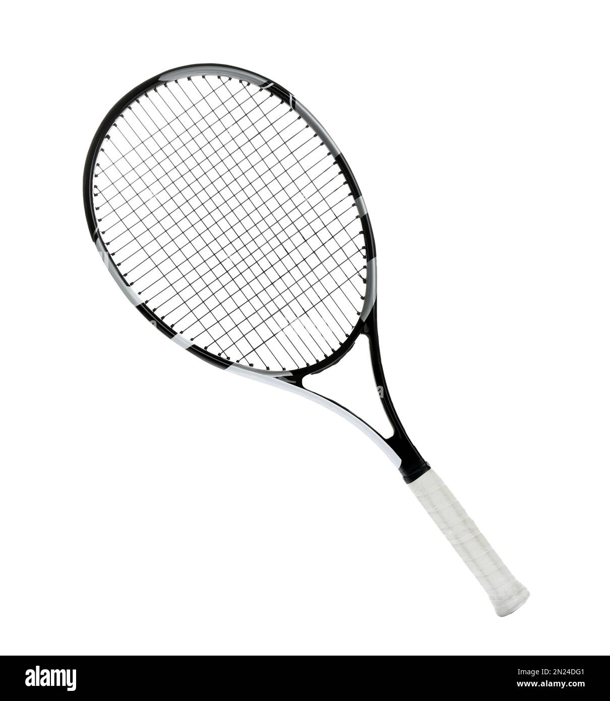 Racchetta da tennis isolata su bianco. Attrezzature sportive Foto Stock