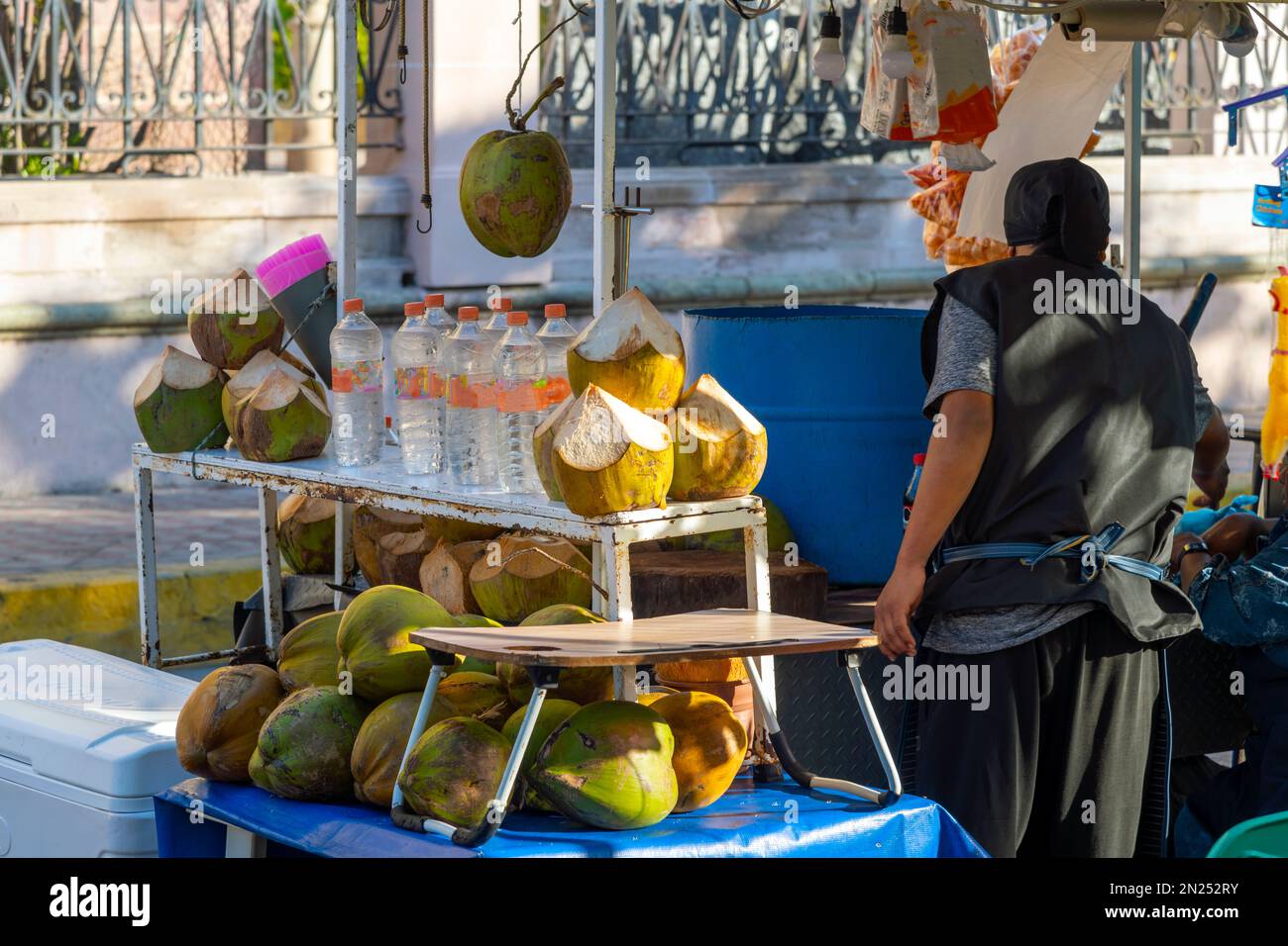 Un venditore di cibo e bevande presso un chiosco all'aperto vende noci di cocco e bevande al cocco presso la Plaza Republica fuori dalla cattedrale di Mazatlan, Mazatlan Messico. Foto Stock
