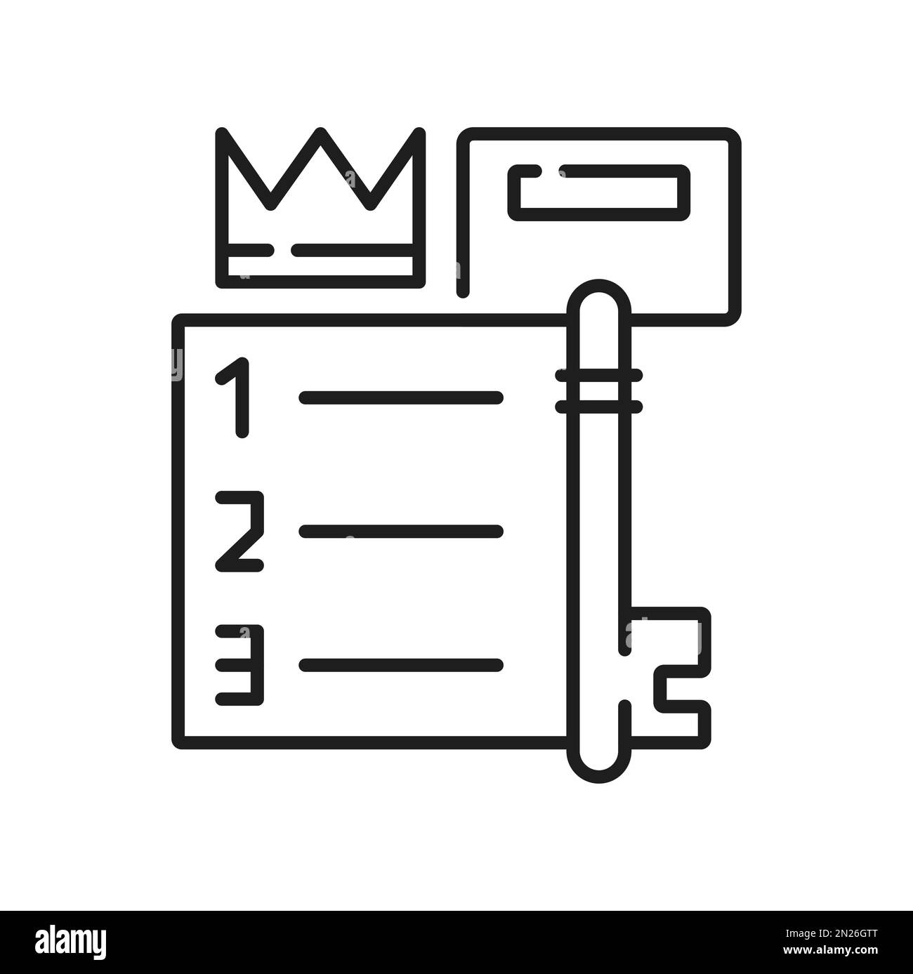 Ricerca per parole chiave, riesaminata. Elenco con suggerimenti, classificazione isolata contorno icona. Chiave di parola chiave con corona, seo e parole di ricerca, traffico di metadati Illustrazione Vettoriale