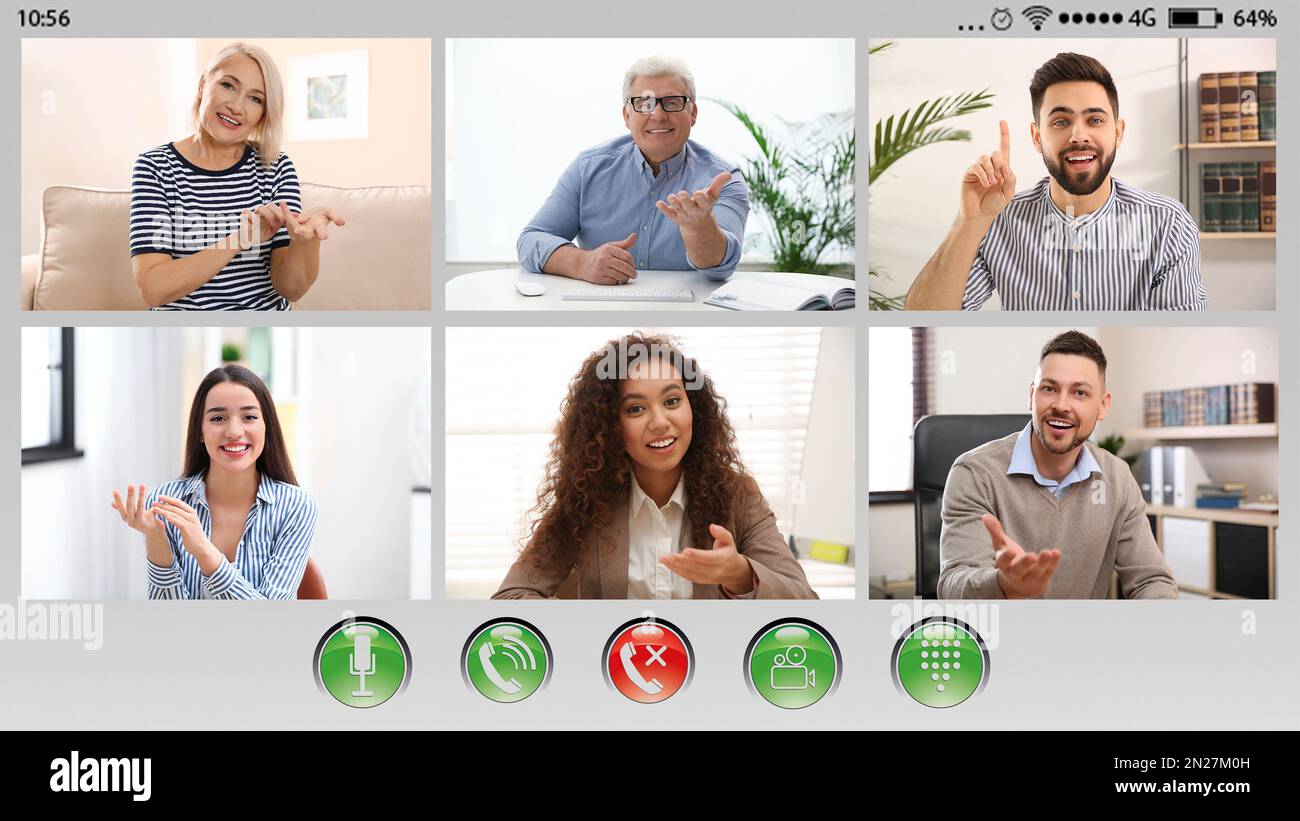 Colleghi che usano la chat video, guarda da webcam. Lavoro di squadra Foto Stock