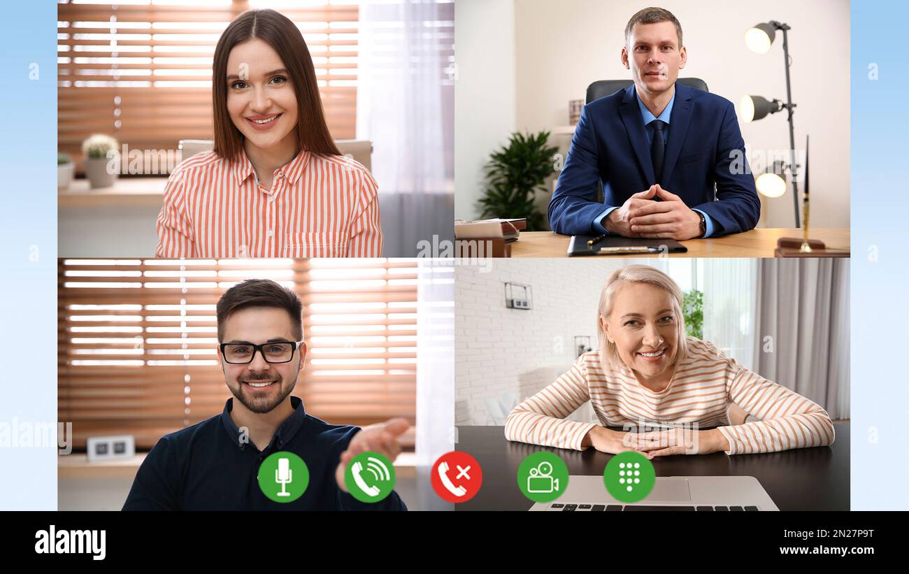 Colleghi che usano la chat video, guarda da webcam. Lavoro di squadra Foto Stock