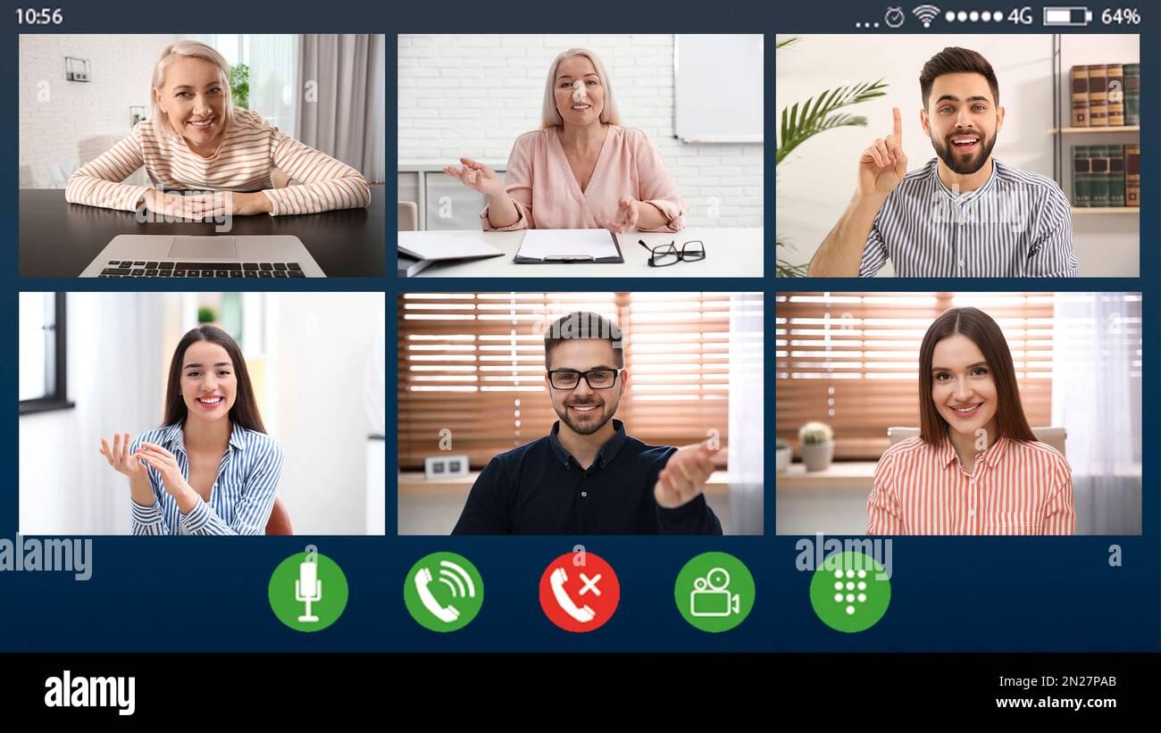 Colleghi che usano la chat video, guarda da webcam. Lavoro di squadra Foto Stock