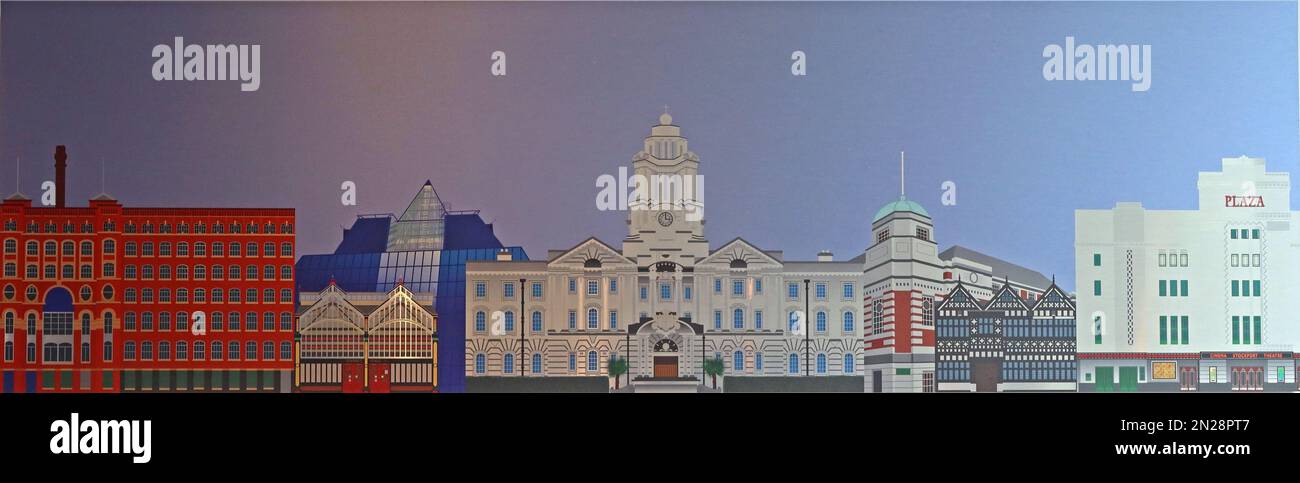 Stockport skyline art - Hat Factory, The Pyramid, Market, Stockport Town Hall, Plaza Cinema Foto Stock