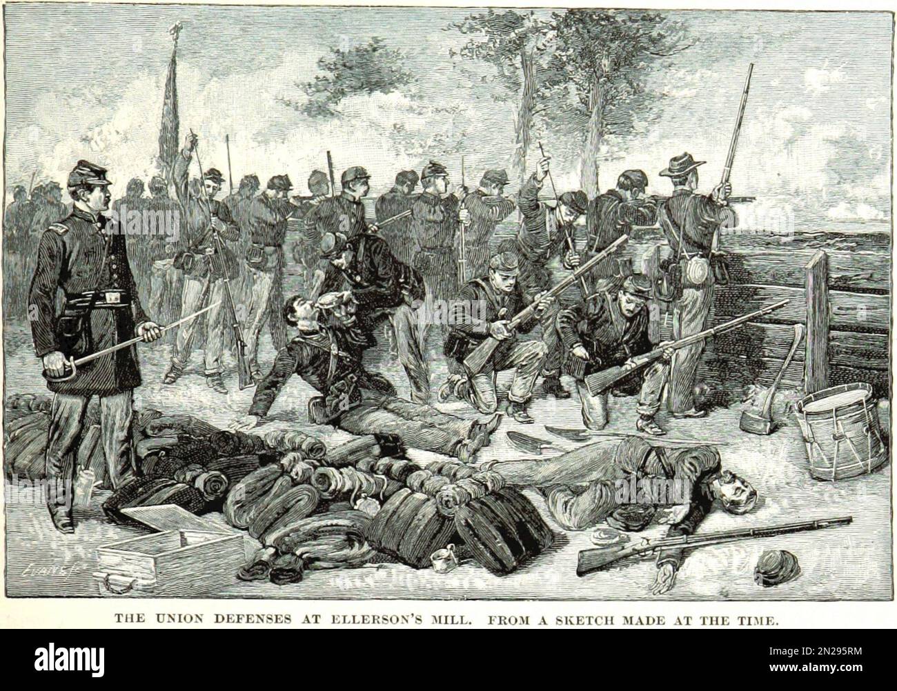 Le difese unioniste al mulino di Ellerson durante la battaglia di Beaver Dam Creek durante la guerra civile americana Foto Stock