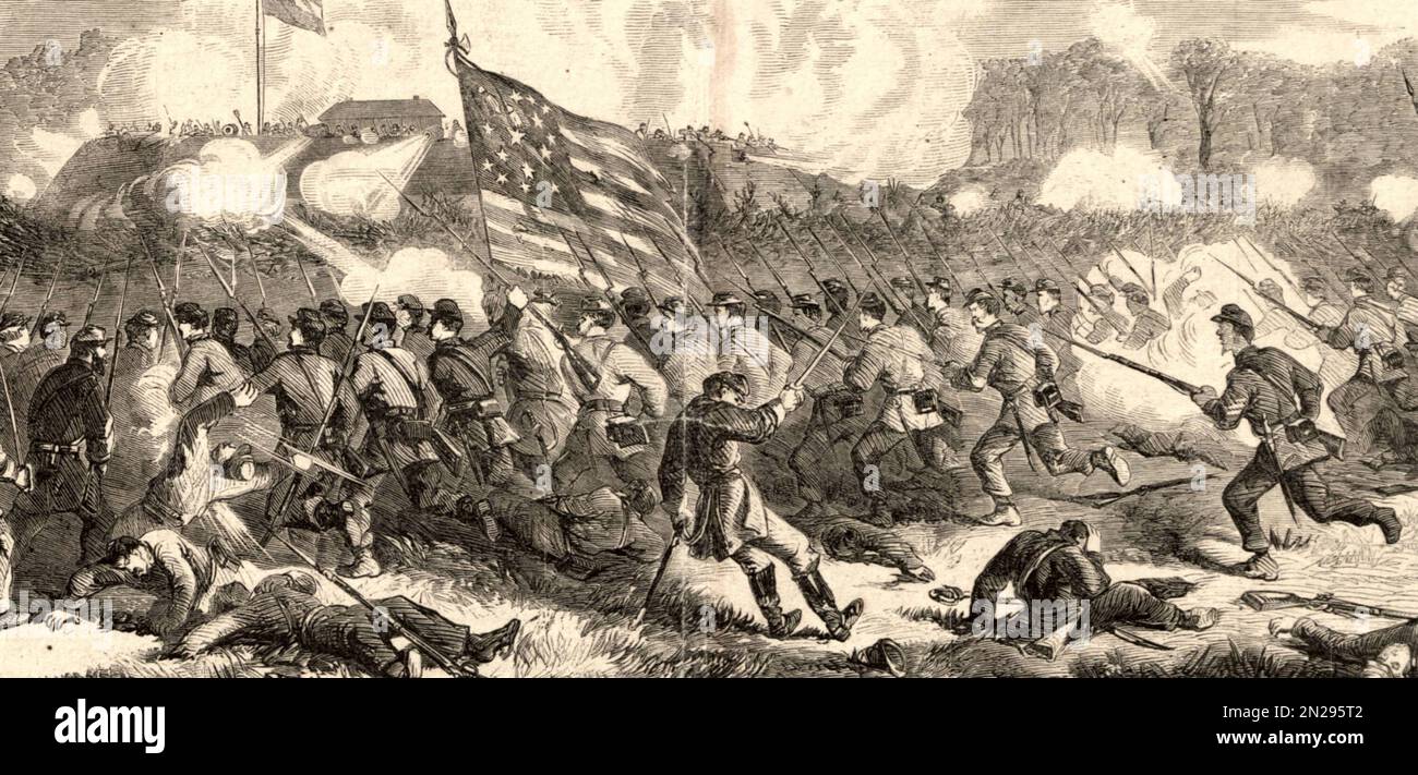 La battaglia di Secessionville, James Island, S.C., carica di baionetta delle truppe dell'Unione, comandata dal Brigadier-generale Stevens Foto Stock
