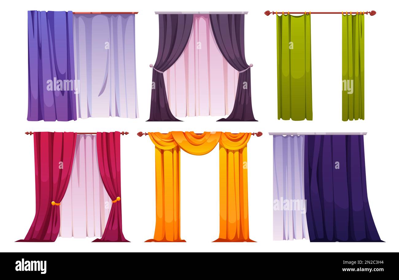 Set di cartoni animati di tende colorate isolate su sfondo bianco.  Illustrazione vettoriale di tessuti spessi e a rete nei colori blu, nero e  verde. Elementi moderni e classici per il design