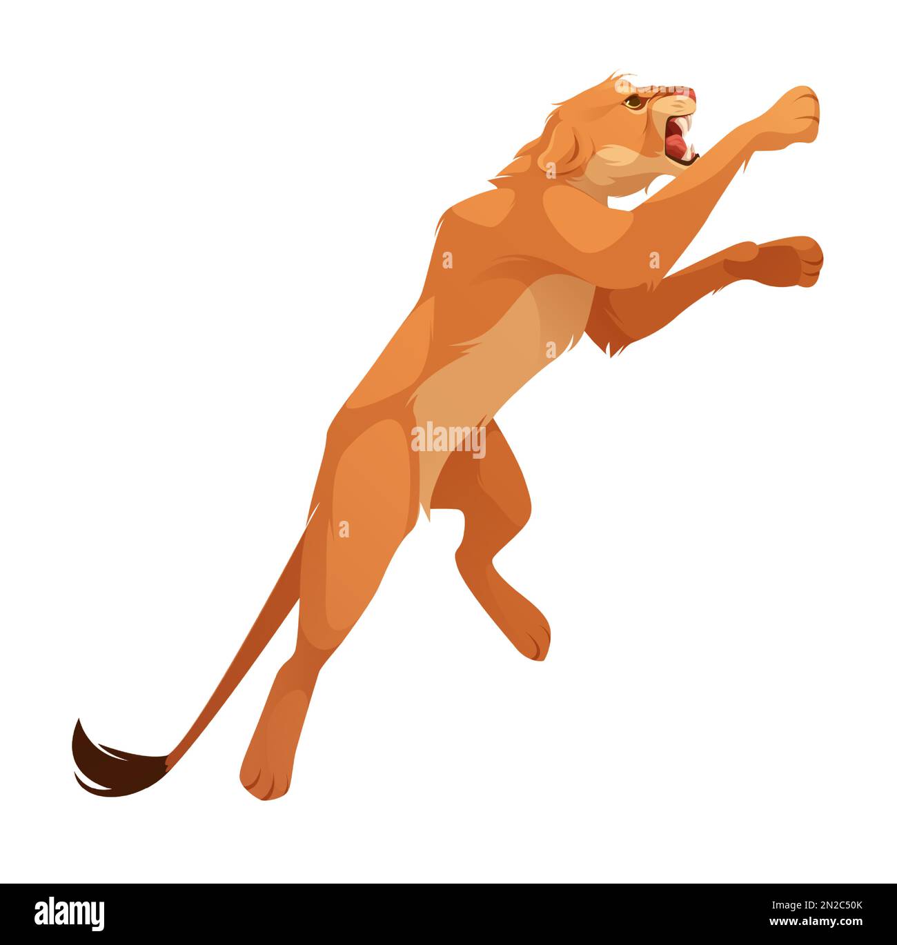 Lioness, gatto selvatico salto e morso. Animale felino africano arrabbiato, personaggio leone femminile in posizione di salto isolato su sfondo bianco, illustrazione vettoriale cartone animato Illustrazione Vettoriale