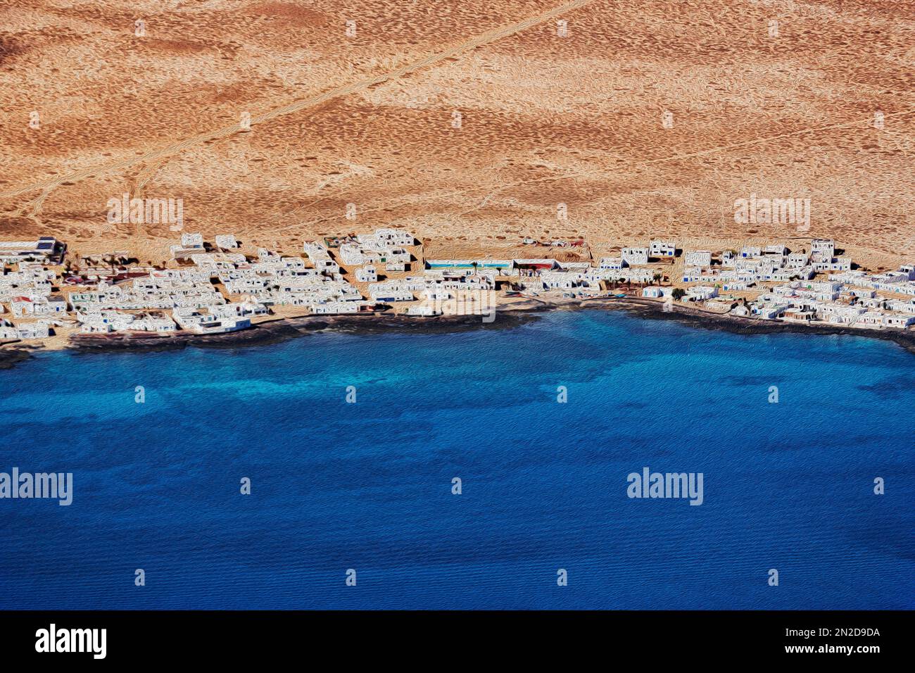 Vista delle case bianche di Caleta del Sebo sul mare, dipinto ad olio stilizzato, isola la Graciosa, arcipelago Chinijo, Spagna Foto Stock