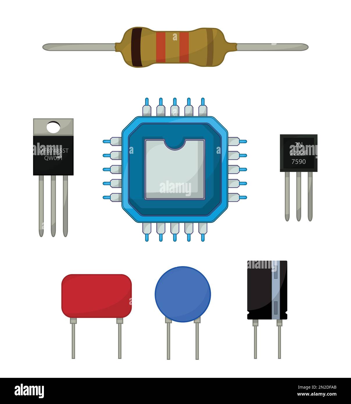 Set icone componenti elettronici, set di cartoni animati di resistenza, ic, transistor, condensatore e regolatore di tensione. Illustrazione Vettoriale