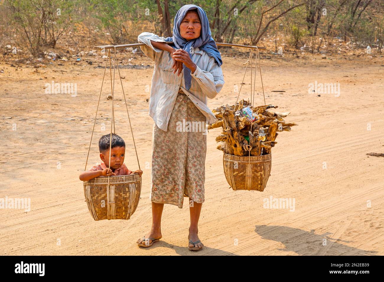 Trasporto di bambini e legna da ardere, Myanmar, Myanmar Foto Stock