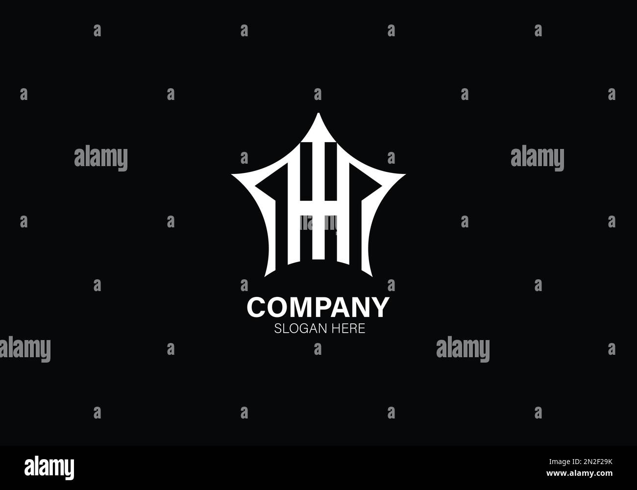 Modello di logo vettoriale a monogramma con illustrazione MH o HM in colore argento e sfondo nero Illustrazione Vettoriale