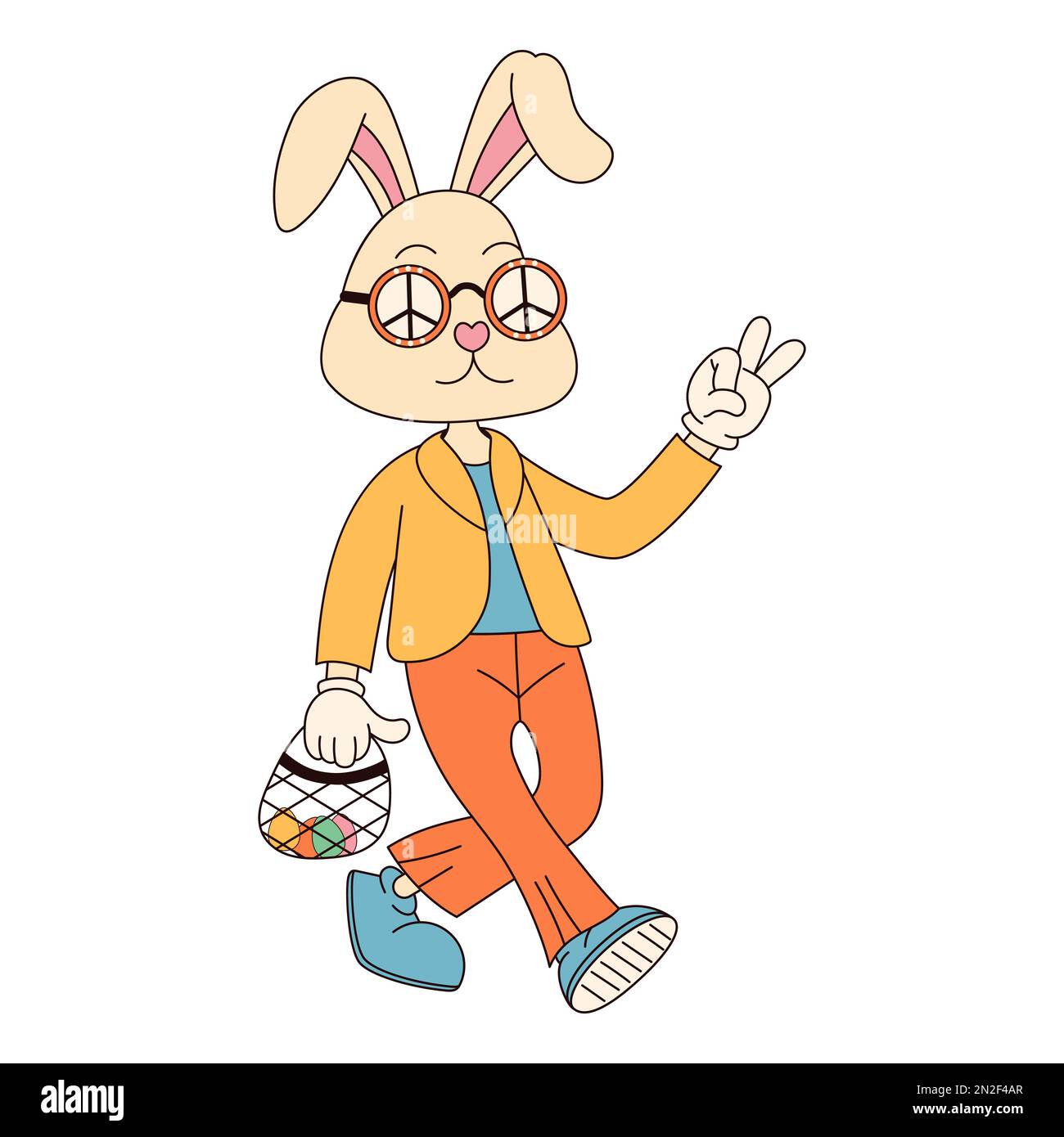 Hippie groovy buon carattere di Pasqua. Coniglietto di Pasqua in stile cartoon retrò 60s 70s alla moda. Illustrazione Vettoriale