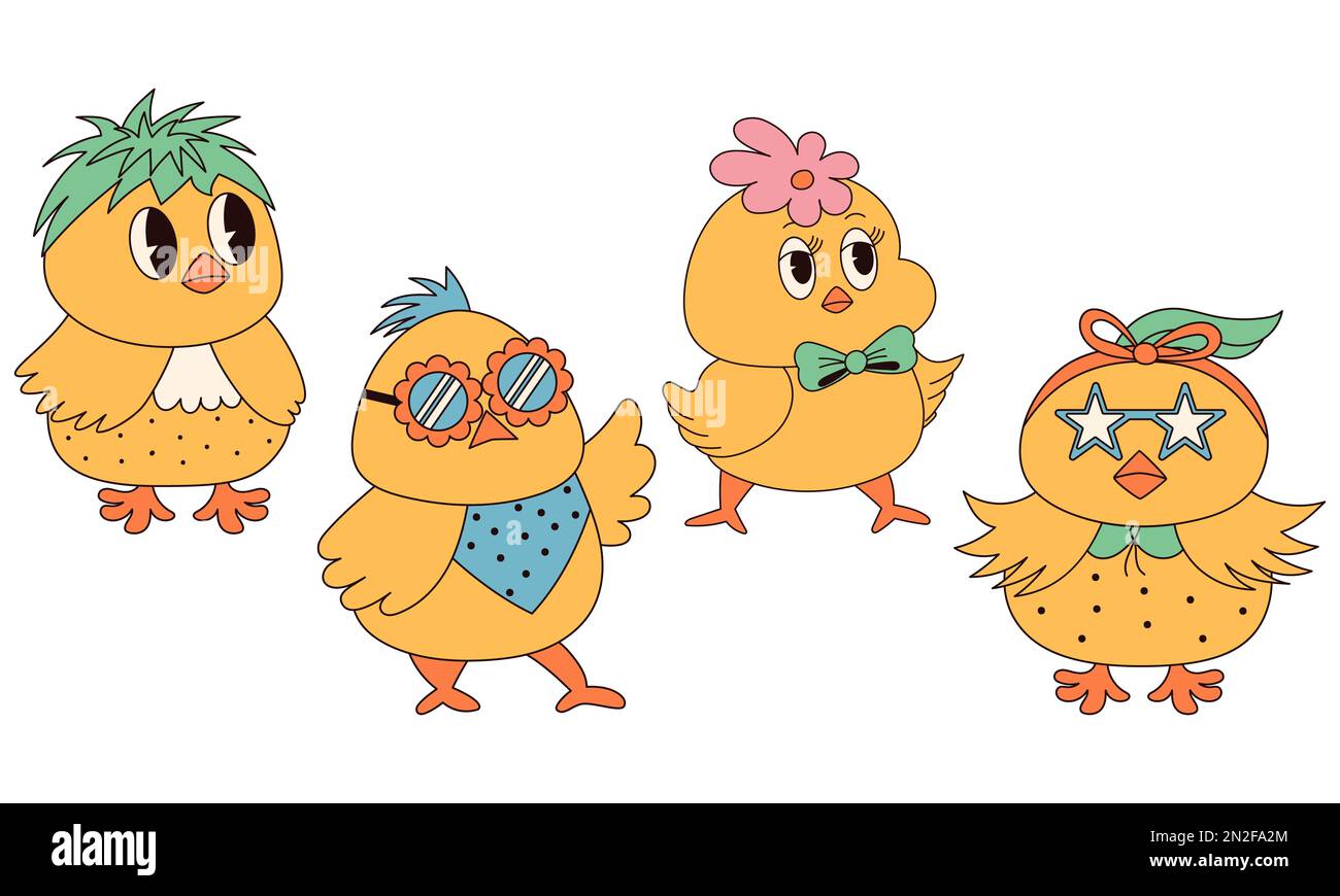 Hippie groovy Happy Easter personaggi. Set di pulcini pasquali in stile cartoon retrò 60s 70s alla moda. Illustrazione Vettoriale