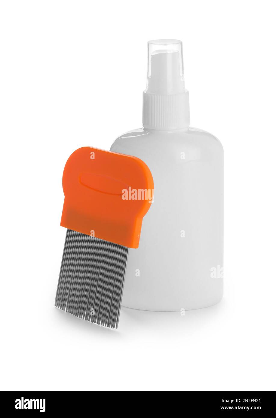 Pettine spray e metallo per trattamento antighiaccio su fondo bianco Foto Stock