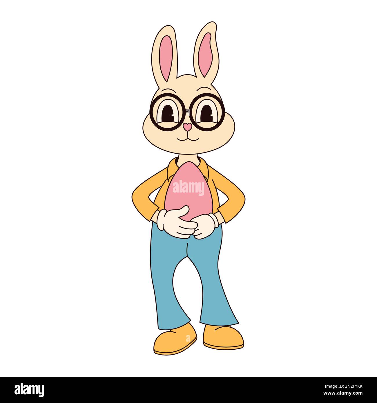 Hippie groovy buon carattere di Pasqua. Coniglietto di Pasqua in stile cartoon retrò 60s 70s alla moda. Illustrazione Vettoriale