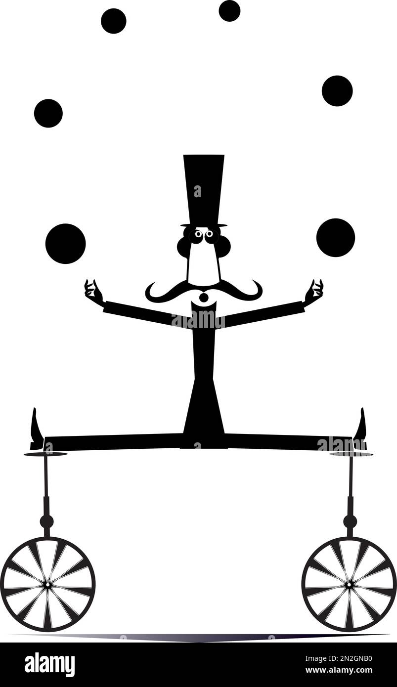 L'uomo equilibrista sul monociclo giocolano le palle. L'uomo divertente nel cappello si bilancia sul monociclo e giocolisce le palle. Nero su bianco Illustrazione Vettoriale