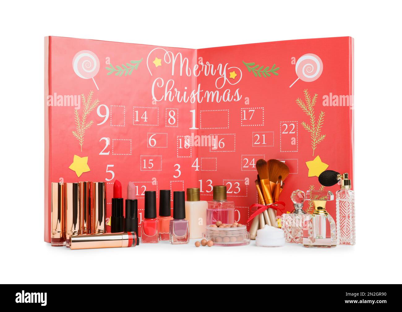 Calendario dell'avvento natalizio con diversi cosmetici e profumi isolati sul bianco Foto Stock
