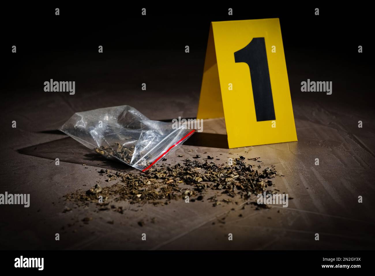 Cannabis sparso e marcatore scena del crimine su tavola di pietra grigia Foto Stock