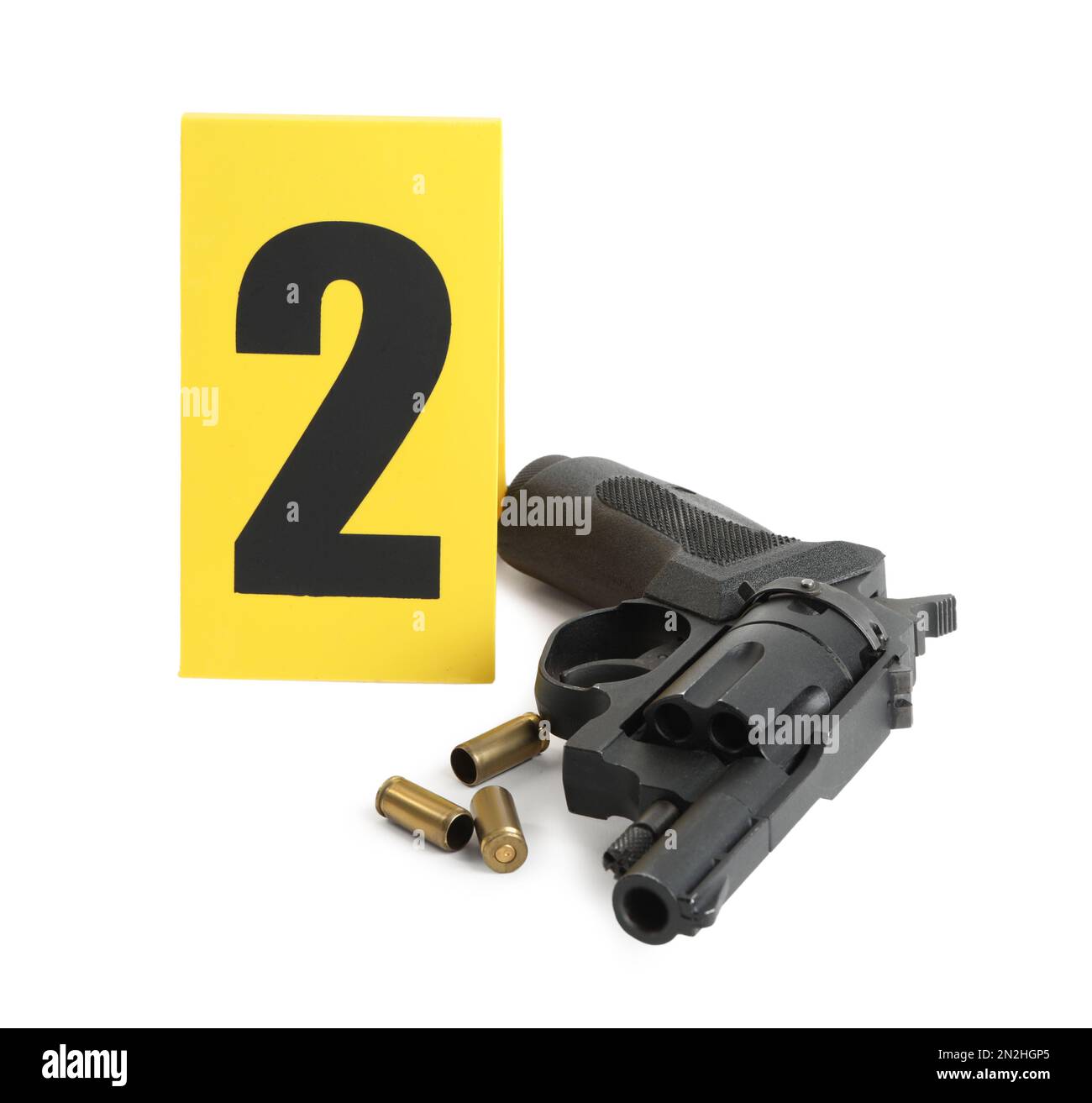 Marcatore di scena di armi e crimini con il numero due isolato su bianco Foto Stock