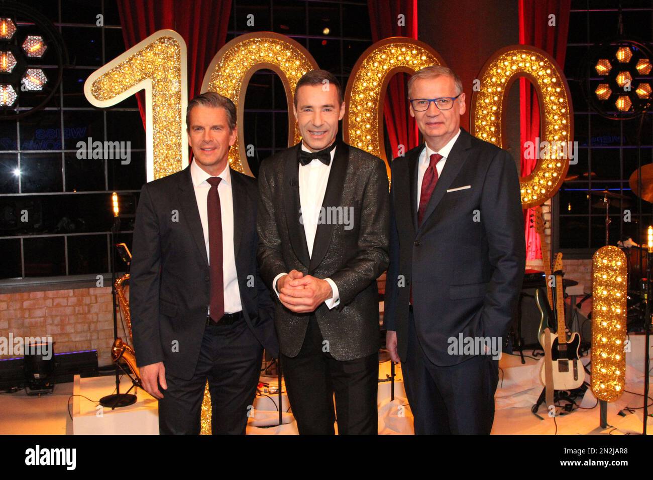 Markus Lanz, Kai Pflaume e Guenther Jauch Markus partecipano alla "Wer weiß denn sowas?" 1000th° anniversario Photocall il 6 febbraio 2023 ad Amburgo, Ger Foto Stock