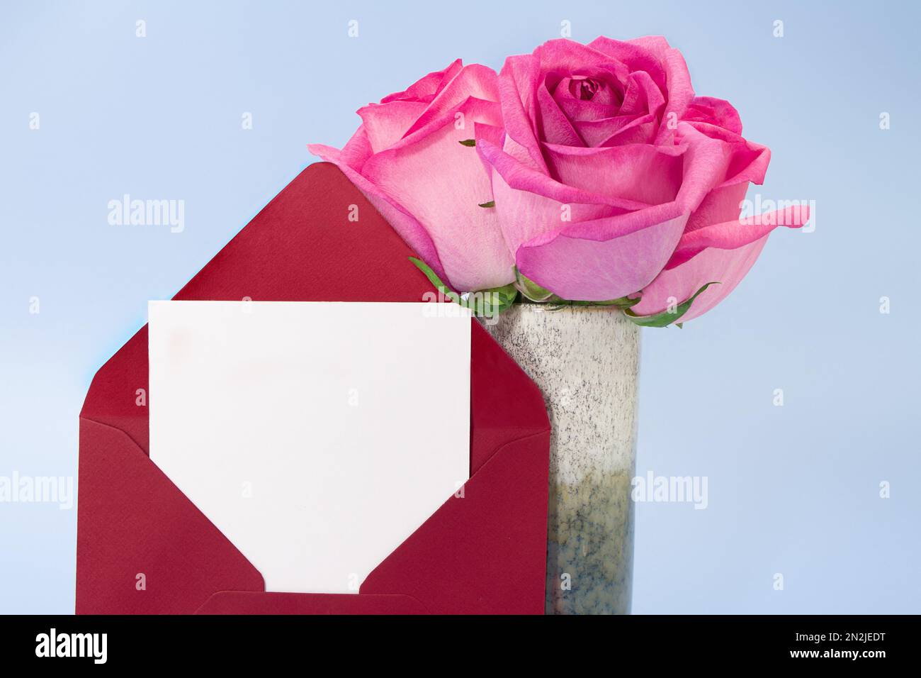 Busta rossa con posto di carta per testo e vaso di rose rosa su sfondo blu. Invito, compleanno, Marzo 8, Internazionale delle donne, da della madre Foto Stock