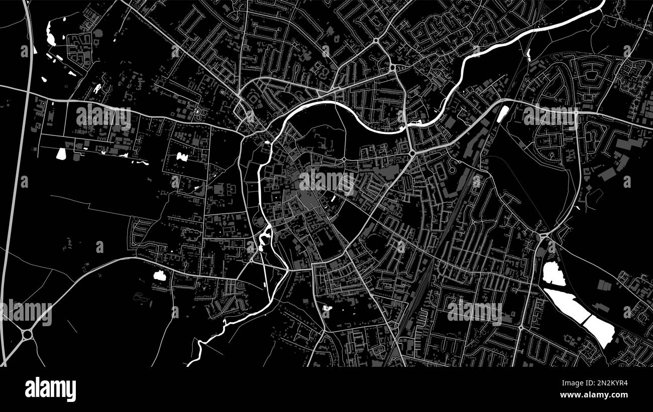Mappa di Cambridge, Regno Unito. Sfondo mappa in bianco e nero con strade e ferrovie, parchi e fiumi. Risoluzione widescreen. Illustrazione Vettoriale