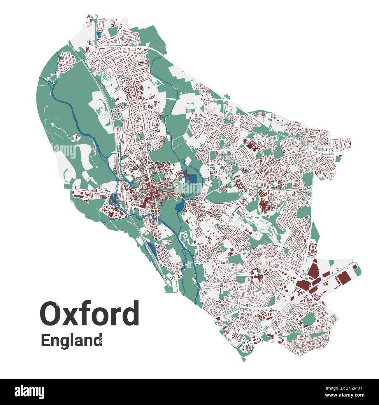 Mappa della città di Oxford, Inghilterra, Regno Unito. Mappa amministrativa dettagliata con strade e ferrovie, parchi, edifici e fiumi. Confini della città. Illustrazione Vettoriale