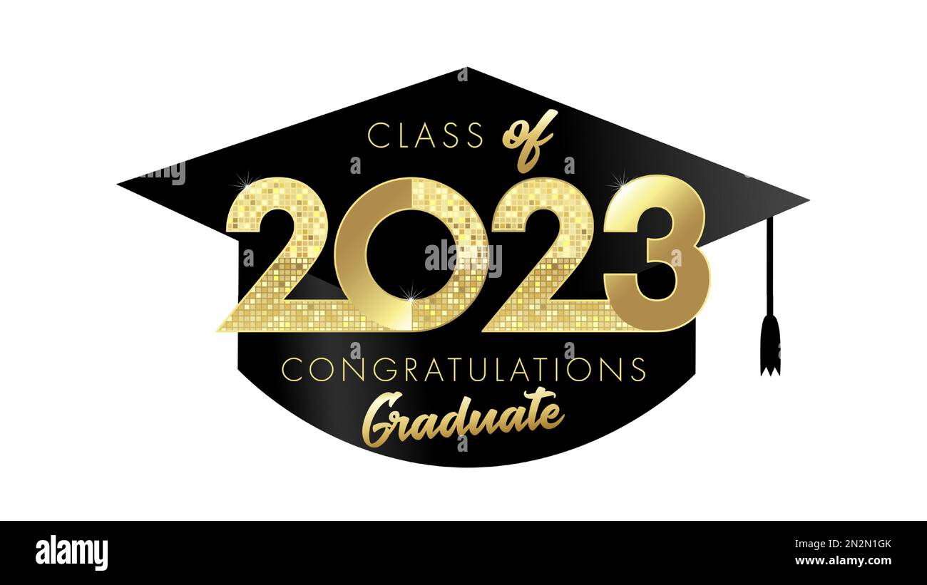 2023 classe di Congratulazione laureato in berretto accademico nero quadrato. Elegante vettore oro 20 e 23 cifre e calligrafia per il banner laurea Illustrazione Vettoriale
