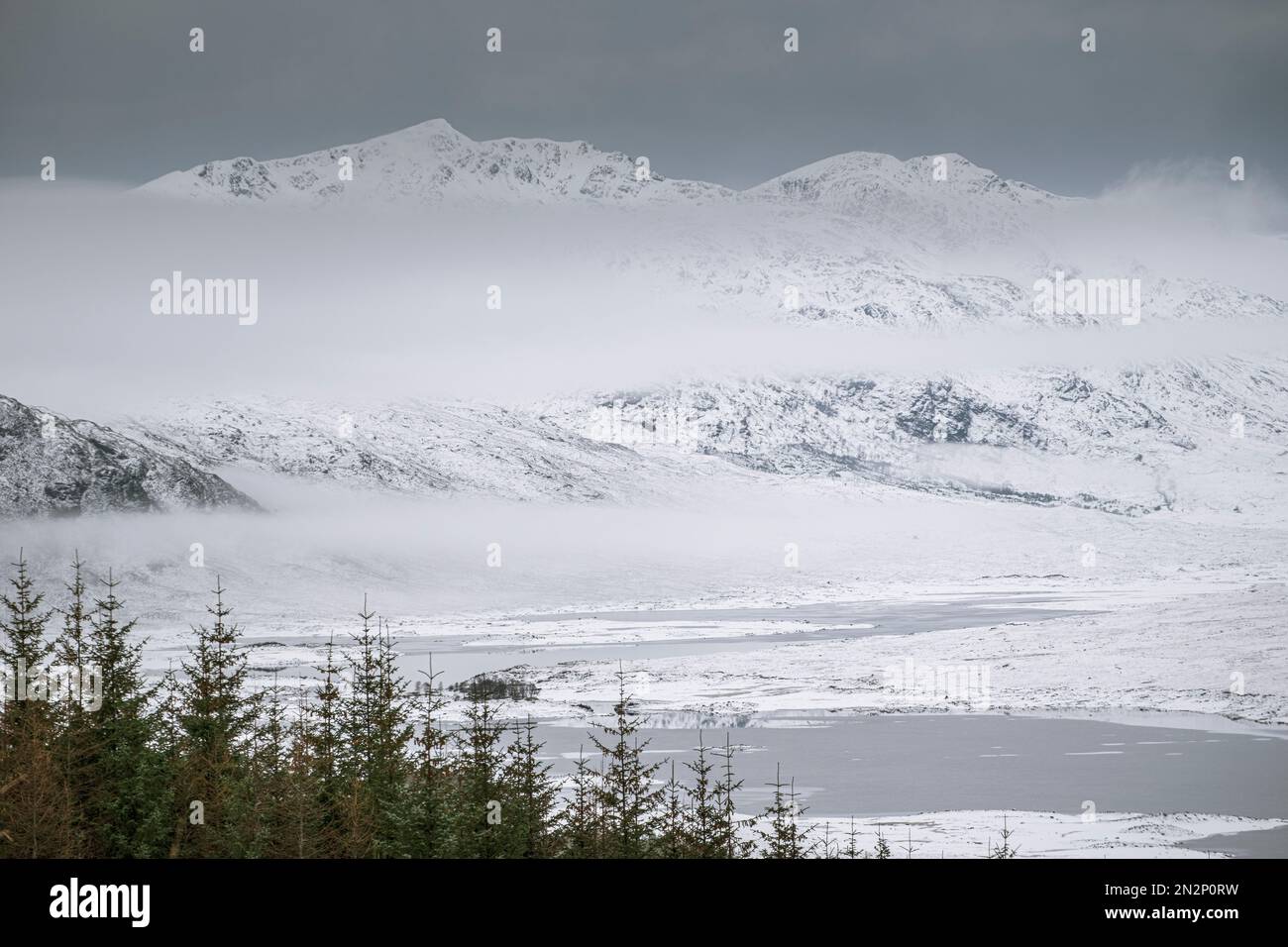 Regno Unito, Scozia, Highlands, vista elevata del lago Loch Loyne, del monte Gleouraich e degli altopiani innevati Foto Stock