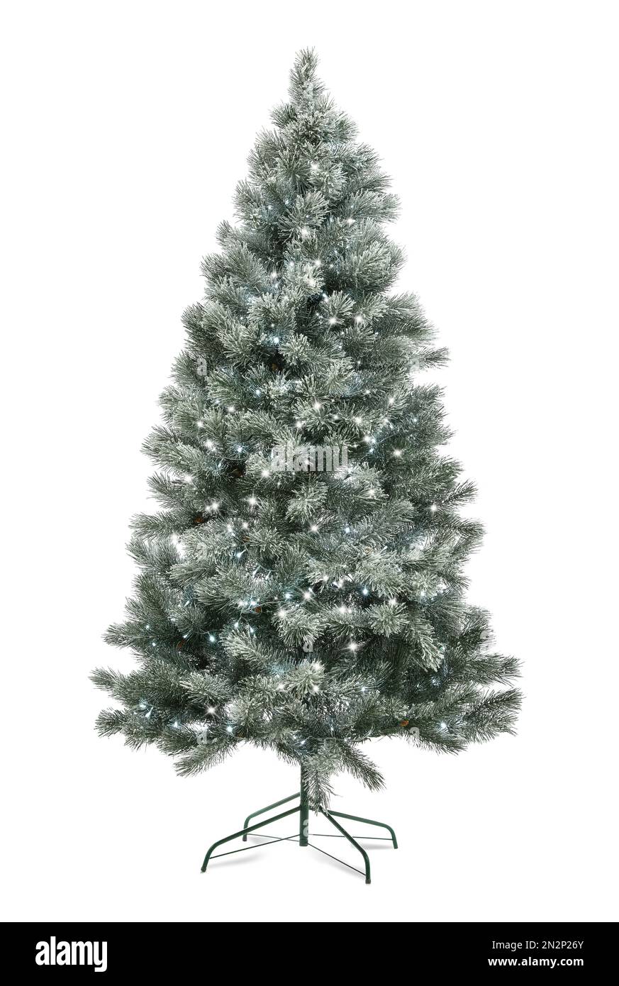 Bellissimo albero di Natale con luci fata isolato su bianco Foto Stock