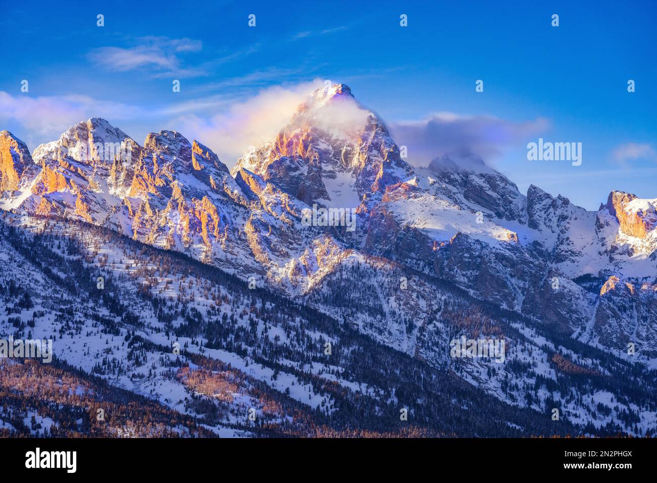 Primo piano del Grand Teton Peak al Sunset Grand Teton National Park, Wyoming, USA Foto Stock