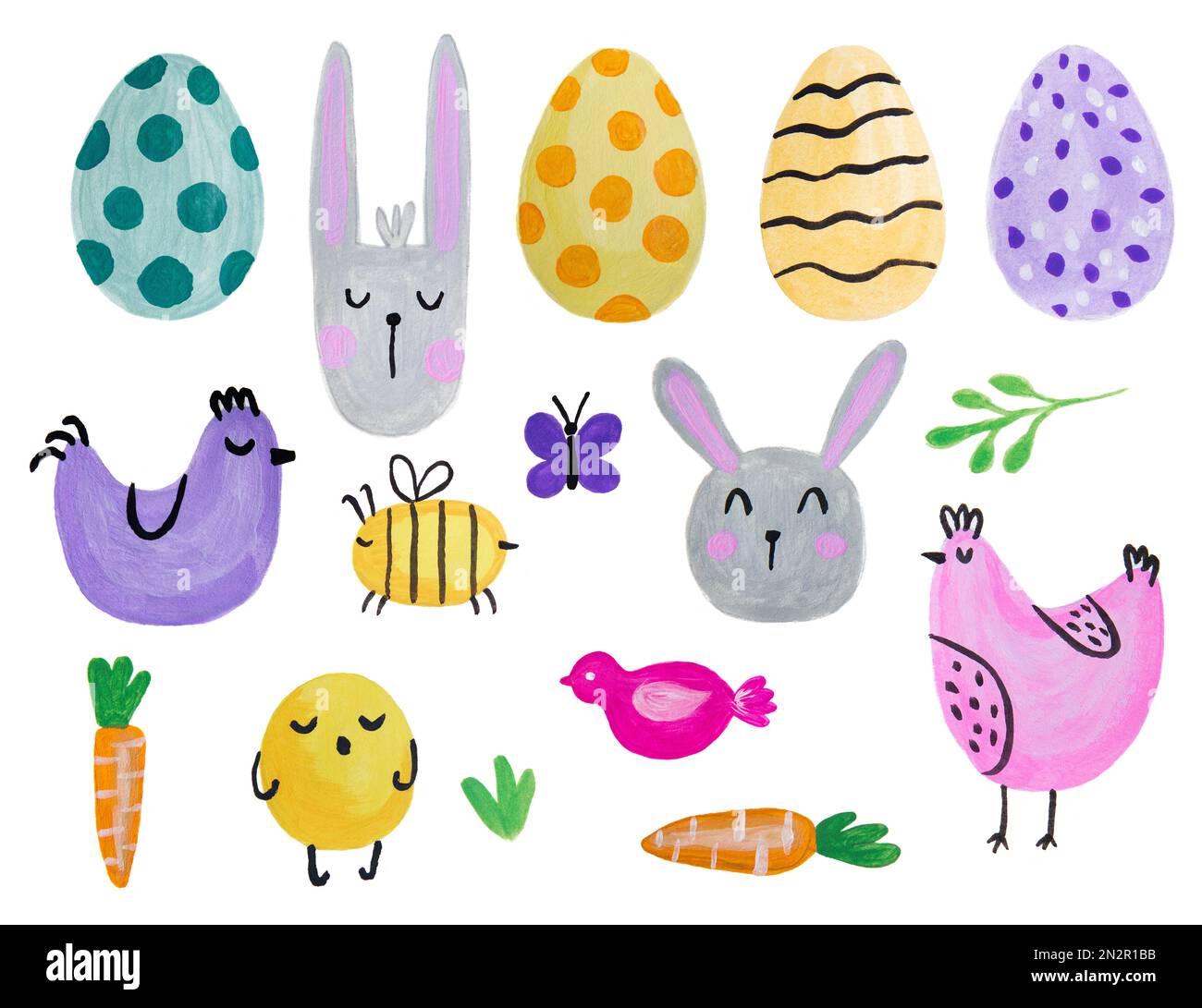 Set di disegno a mano uova di Pasqua con animali. Acquerello primavera art.. Elementi di progettazione. Coniglietto di Pasqua, polli, uova, carote, api e leaves.Watercolor Foto Stock