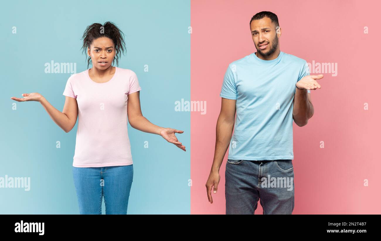 Chissà. Confuso il ragazzo nero e la signora ruggevano spalle, guardando la macchina fotografica, posando su sfondo rosa e blu dimezzato Foto Stock