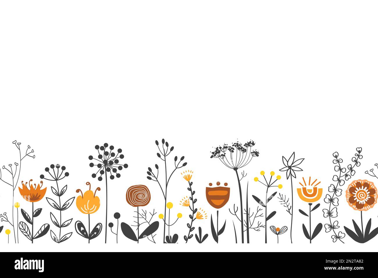 Fiabe fiori bordano in stile folk scandinavo, senza cuciture motivo vettoriale. Ripetizione Doodle erba sfondo prato. Design per tessuto, schede Illustrazione Vettoriale