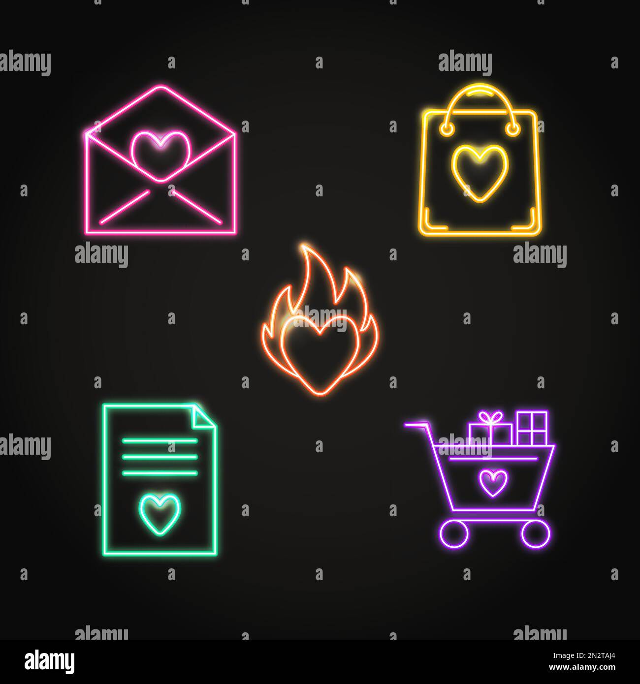 Icona neon San Valentino impostata in stile linea. Collezione di simboli d'amore tra cui lettera romantica, shopping bag, cuore sul fuoco, contratto di matrimonio e shopping Illustrazione Vettoriale