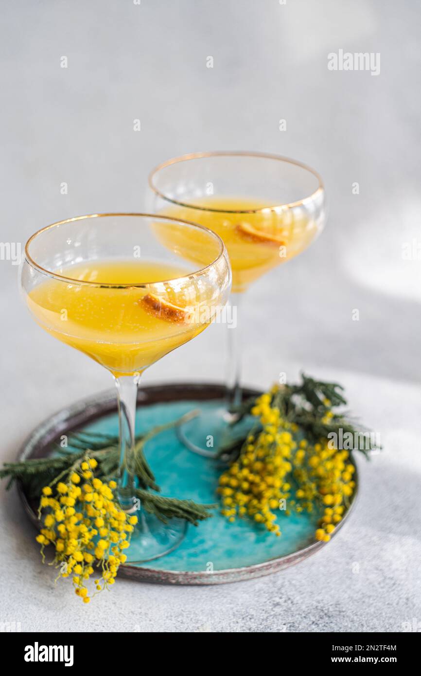 Primo piano di due cocktail mimosa con champagne e fiori mimosa gialli Foto Stock