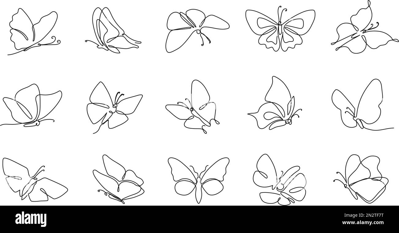 Farfalla a linea singola. Mooth volante, farfalle primavera e papillon fluttering vettore isolato contorno set di illustrazione Illustrazione Vettoriale