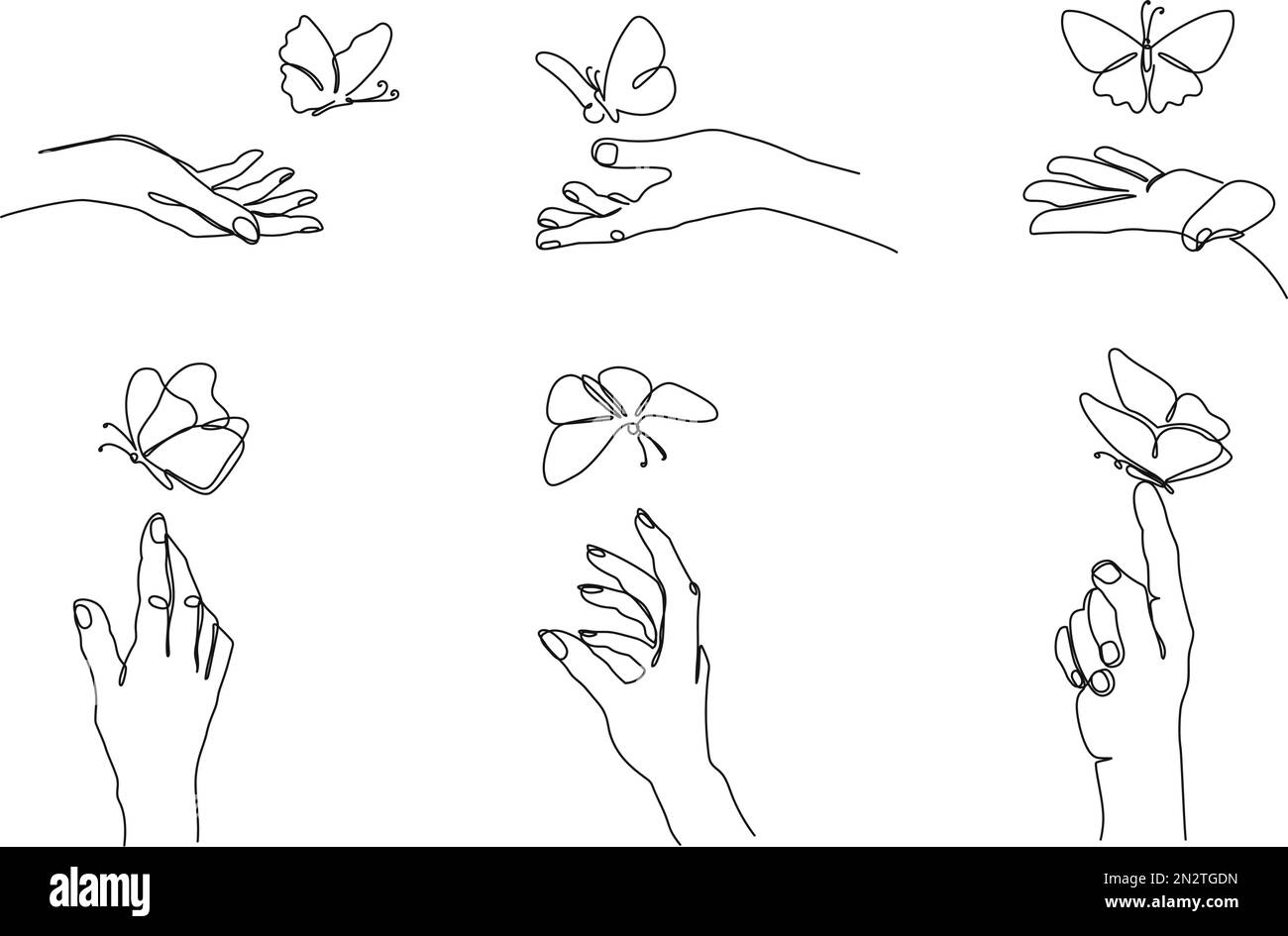 Le mani di una linea rilasciano le farfalle. Manuale con farfalla su dito, libertà e set di illustrazioni vettoriali disegnate a mano per l'estate spensierato Illustrazione Vettoriale