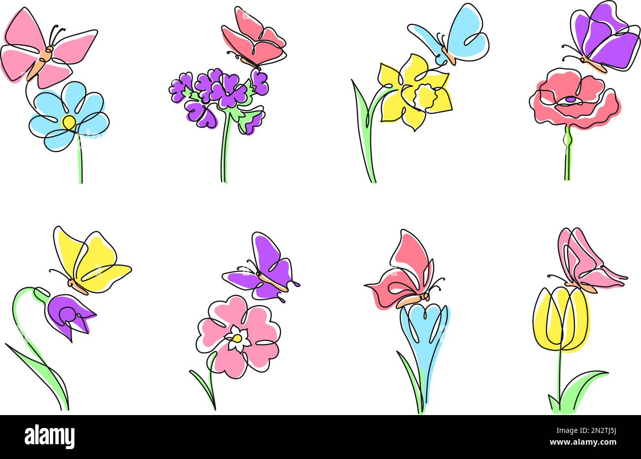 Una linea di fiori con farfalle. Daffodil e tulipano con farfalla sulla parte superiore, fiore fiorente e set di illustrazioni vettoriali minimalistiche primavera Illustrazione Vettoriale