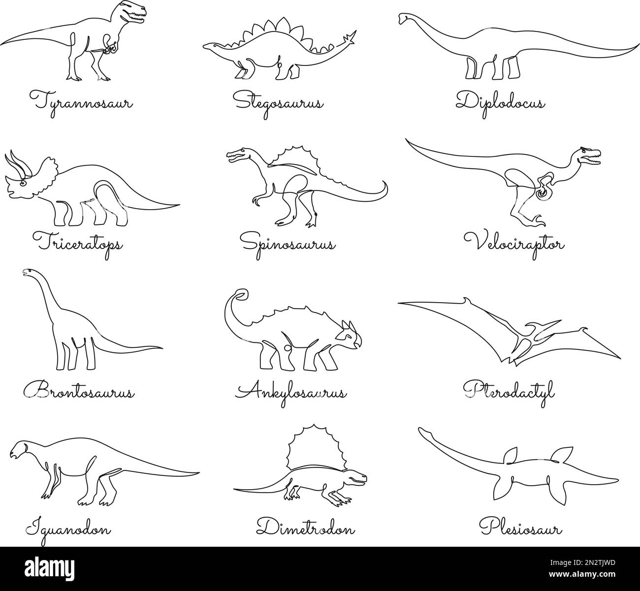 Dinosauro continuo a una linea. Animali preistorici, mostri jurassic dino. set di illustrazioni vettoriali rettili giganti Illustrazione Vettoriale