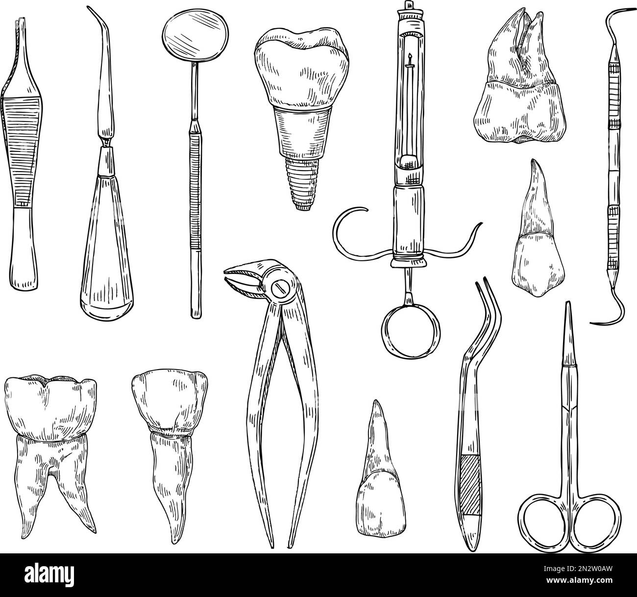 Attributi stomatologici disegnati a mano. Strumenti odontoiatrici professionali, dente con radice e impianto dentale vintage set di illustrazione vettoriale Illustrazione Vettoriale