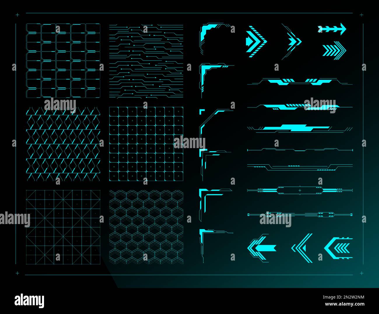 Elementi di design dell'interfaccia utente sci fi. Texture di sfondo griglia cyberpunk, bordi divisori futuristici, angoli astratti HUD e set di frecce vettoriali Illustrazione Vettoriale