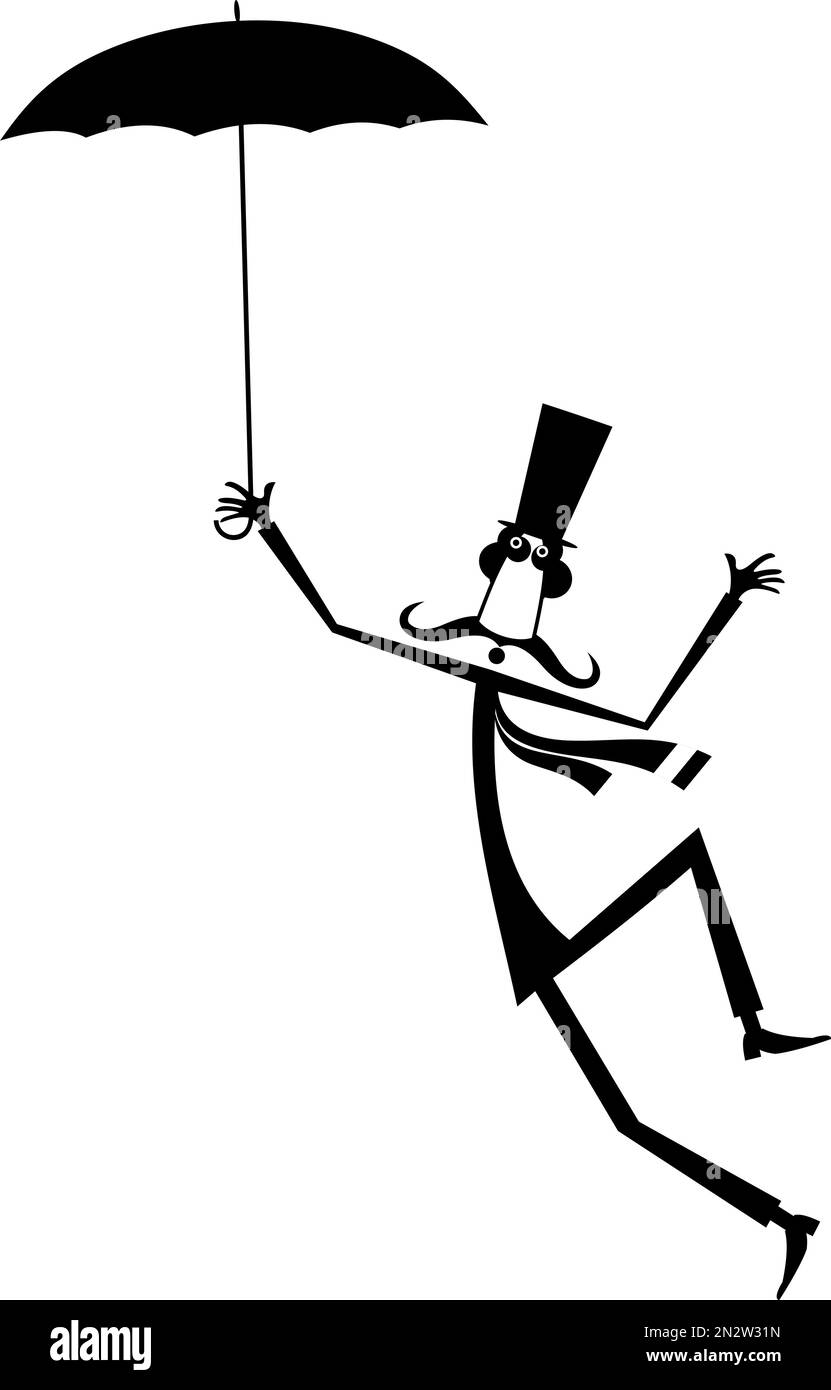 Cartone animato uomo, ombrello e ventoso giorno isolato. Divertente uomo lungo baffi nel cappello che rimane sul vento forte. Nero su sfondo bianco Illustrazione Vettoriale