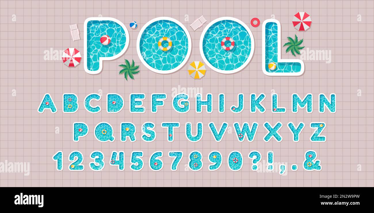 Font pool party. Piscine lettere alfabetiche e numeri con superficie d'acqua, ombrelloni da spiaggia e anelli da nuoto set vettoriale Illustrazione Vettoriale