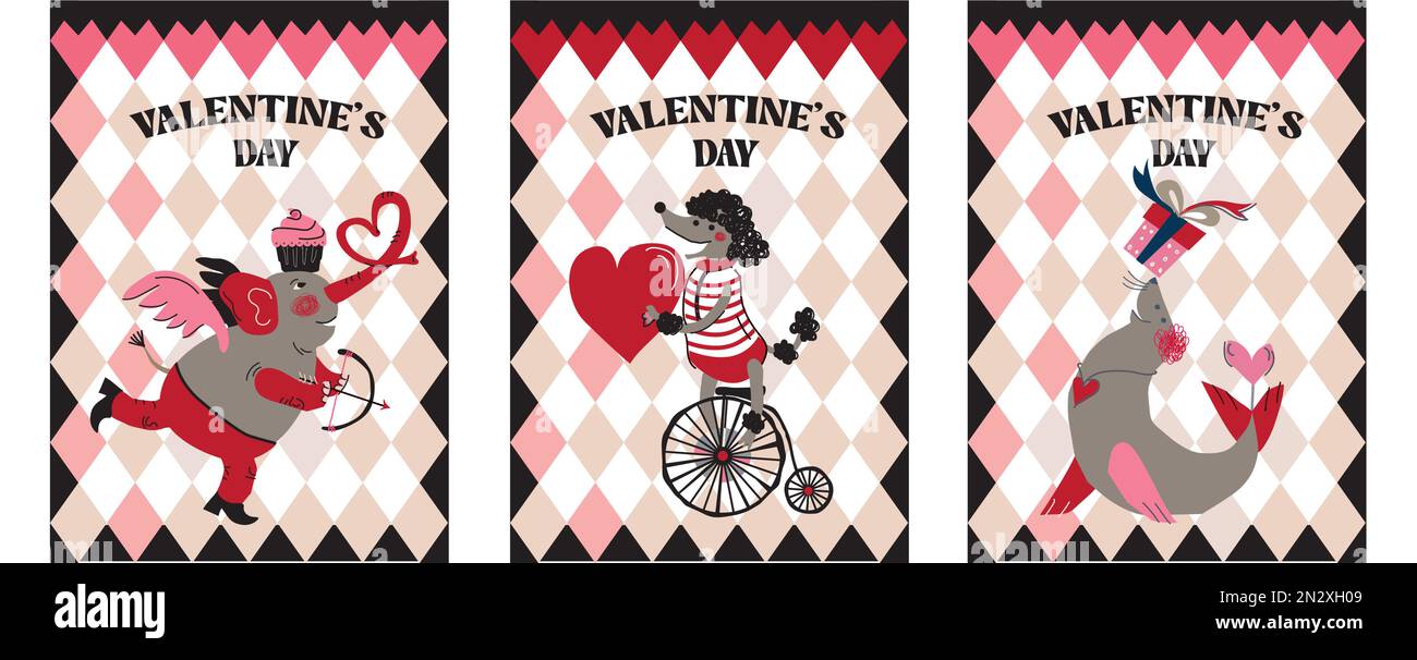 Modello creativo e carino per il giorno di San Valentino per i social media con simpatico saluto di animali da circo per biglietto, poster. Illustrazione Vettoriale