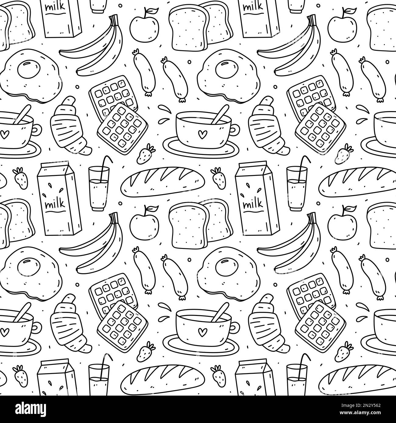 Simpatico modello senza cuciture con cibi per la colazione - toast, uova fritte, salsicce, caffè, croissant, waffle. Disegno vettoriale a mano doodle illustrazione. Perfetto per la stampa, l'imballaggio, la carta da parati, vari disegni. Illustrazione Vettoriale