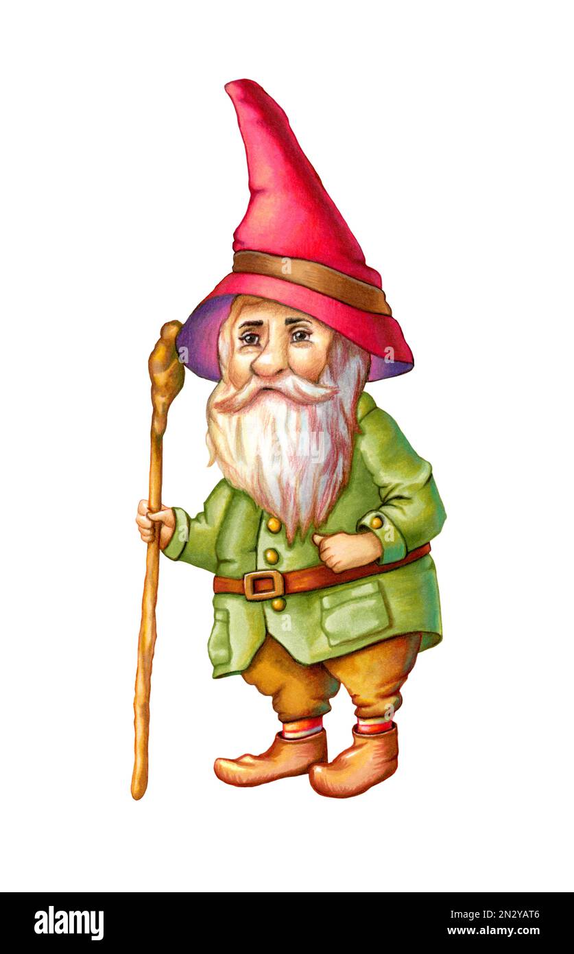 Personaggio GNOME con costume colorato. Illustrazione tradizionale su carta. Foto Stock