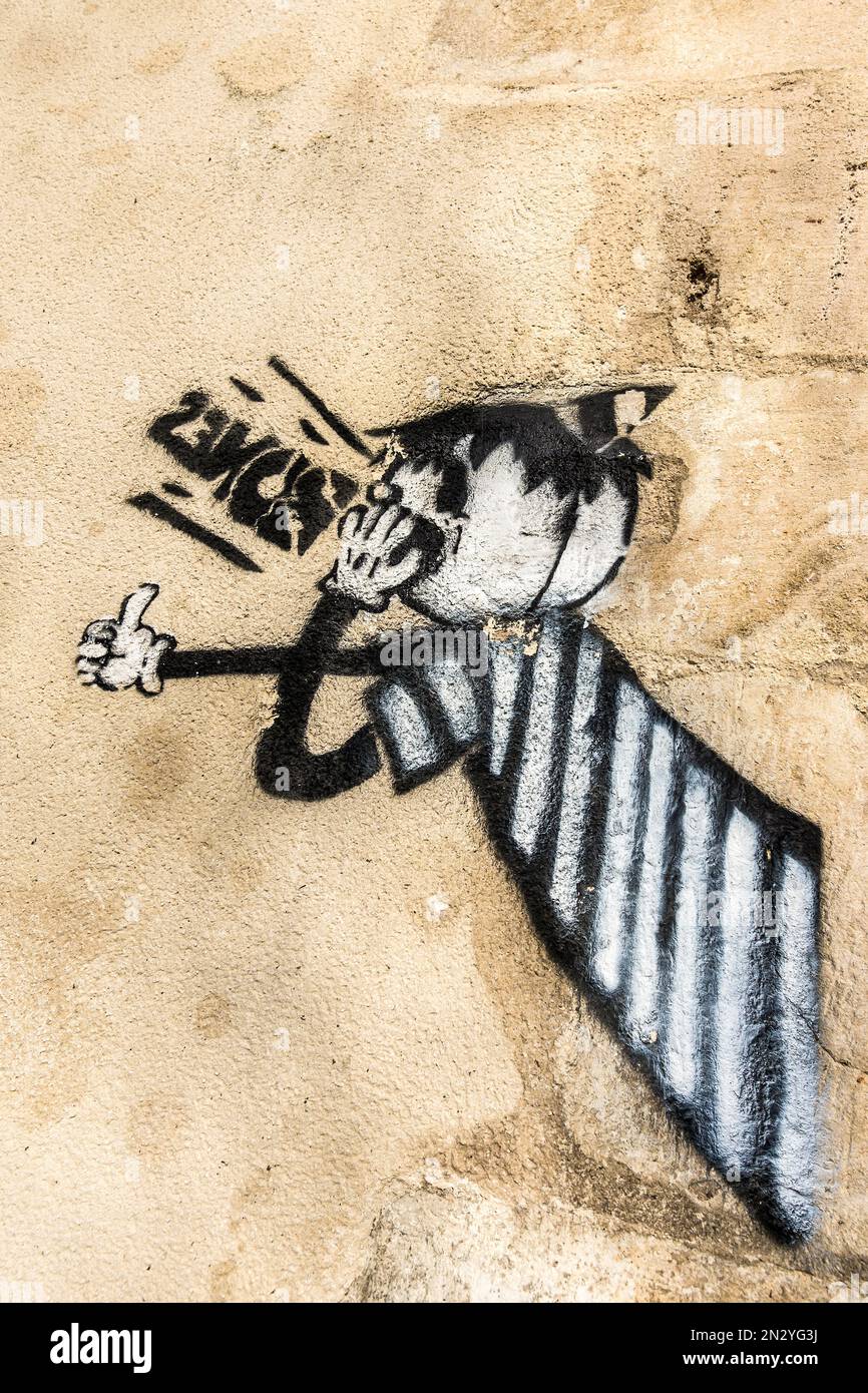 Simpatico personaggio animale gatto dipinto sul muro - le Blanc, Indre (36), Francia. Foto Stock