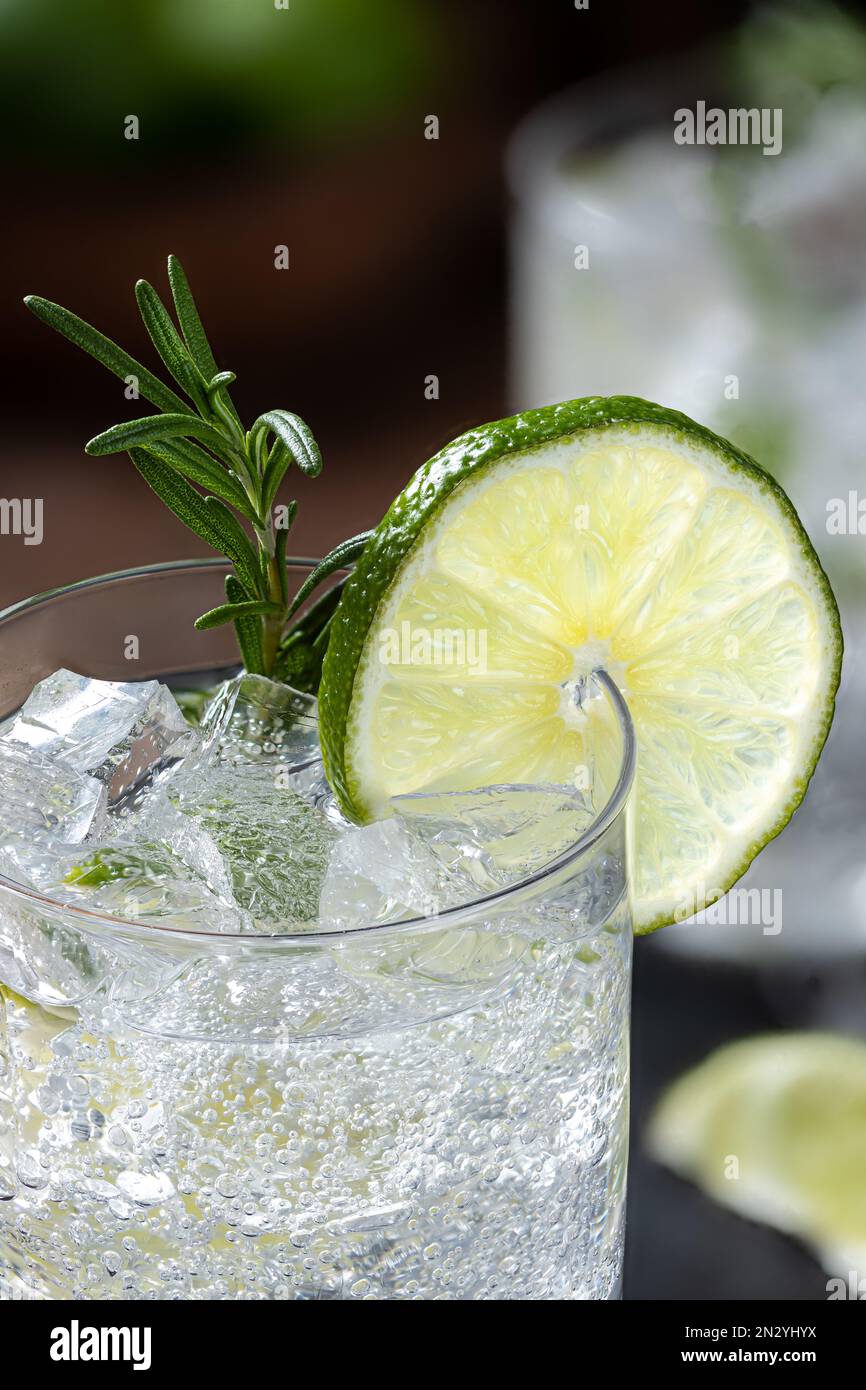 Cocktail tonico e gin con ghiaccio, fettina di lime e rosmarino. Primo piano con spazio di copia Foto Stock