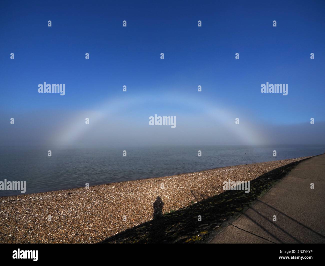 Sheerness, Kent, Regno Unito. 7th Feb, 2023. UK Weather: Un altro raro fogbow (arcobaleno formato nella nebbia) è apparso in Sheerness, Kent per la seconda giornata di esecuzione a causa delle stesse condizioni meteorologiche di ieri. Credit: James Bell/Alamy Live News Foto Stock